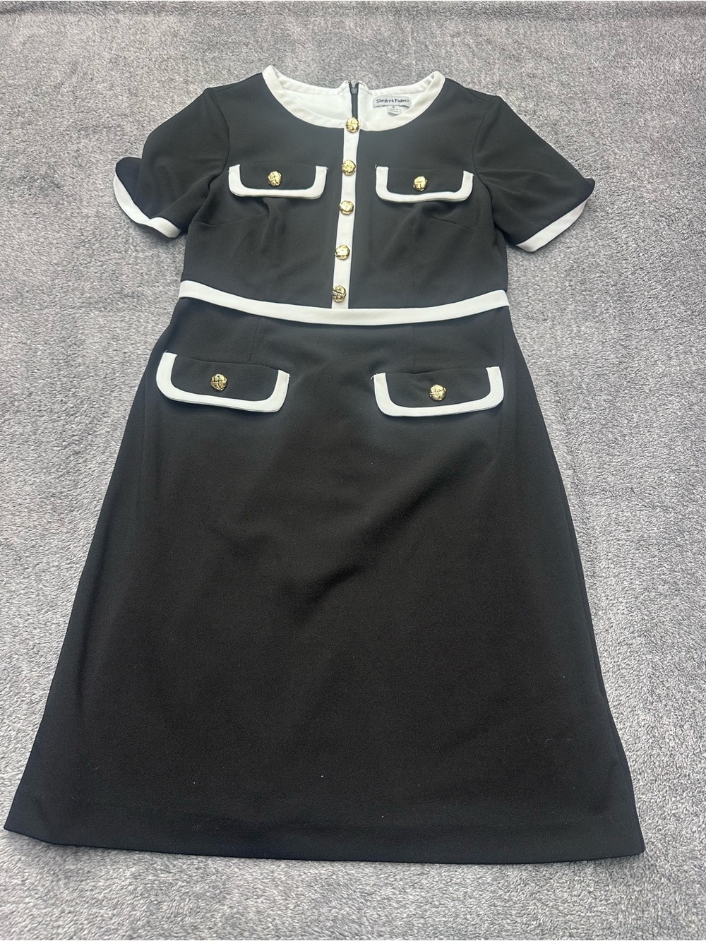 Shelby & Palmer Black Dress with White Trim and Gold Buttons